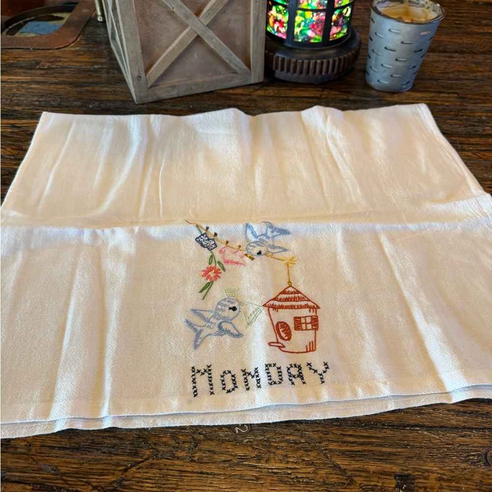 Vintage Embroidered Embroidery Monday Tea Towel with Birds Hand Stitched Retro - Picture 6 of 9